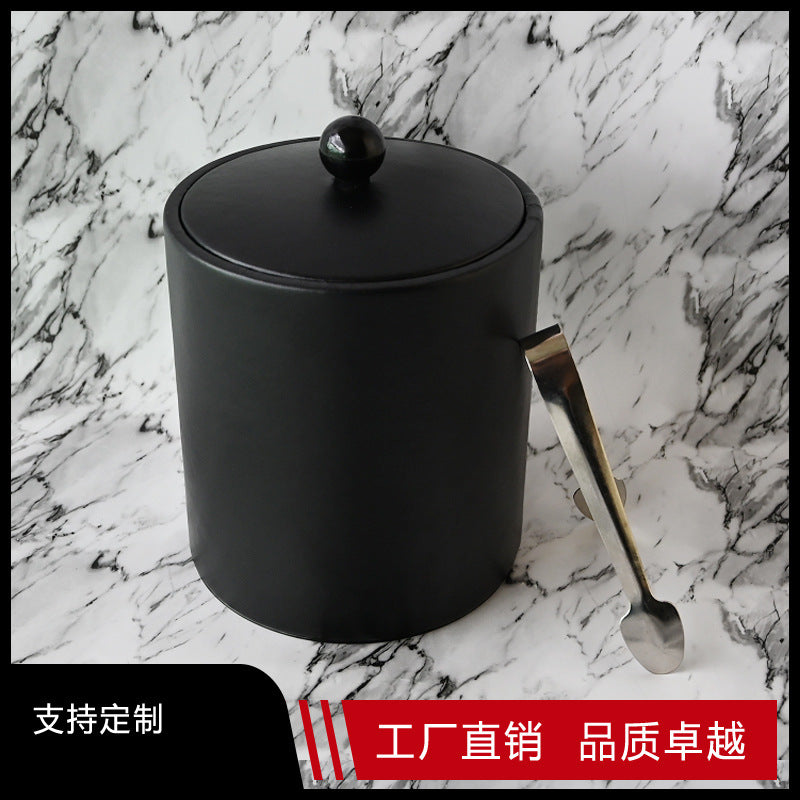 Double-Wall Stainless Steel Ice Bucket with Lid, Leather-Finish Exterior, Wine and Bar Use