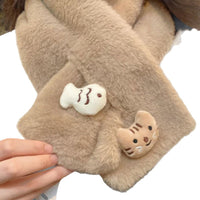 Cute Cat Eating Fish Plush Scarf Winter Warm Thickened Cross Scarf for Students and Couples
