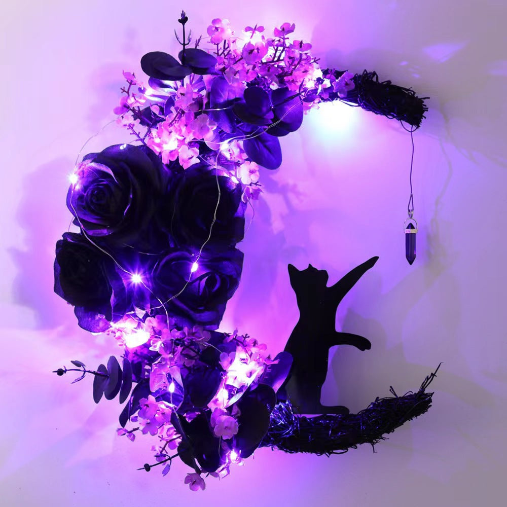Crescent Moon Cat Wreath Halloween Wall Decor for Cat Lovers