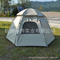 Double-Layer Hexagonal 6-Person Camping Tent with Silver Coating for Rain and Sun Protection
