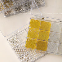 12-Grid Nail Art Rhinestone & Pearl Assortment with Zirconia, Shaped Drills, and Bowknot Cross Charms