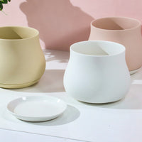 Ceramic Belly Planter with Saucer for Office & Home Decor, Simple Desktop Flower Pot