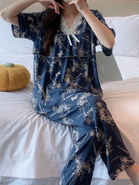 Women's Cotton Rayon Pajama Set Sweet Princess Style Anti-Bulge Short Sleeve Loungewear Plus Size