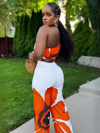 Women's Floral Print One-Shoulder Crop Top and Wide-Leg Pants Set