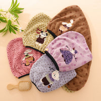 Coral Fleece Cartoon Embroidered Hair Drying Cap for Adults and Students, Soft, Absorbent, Quick-Dry Turban Towel