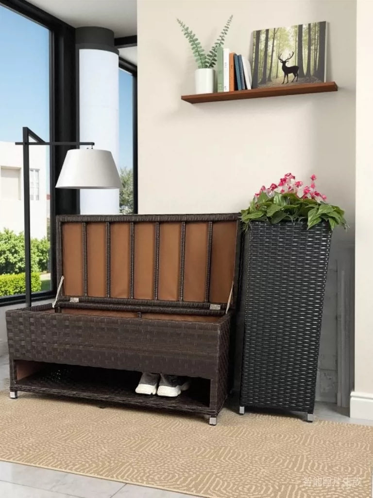 Easy Rattan Outdoor Balcony Waterproof Sunscreen Shoe Changing Stool Shoe Cabinet Integrated Storage Cabinet Garden Home Entrance