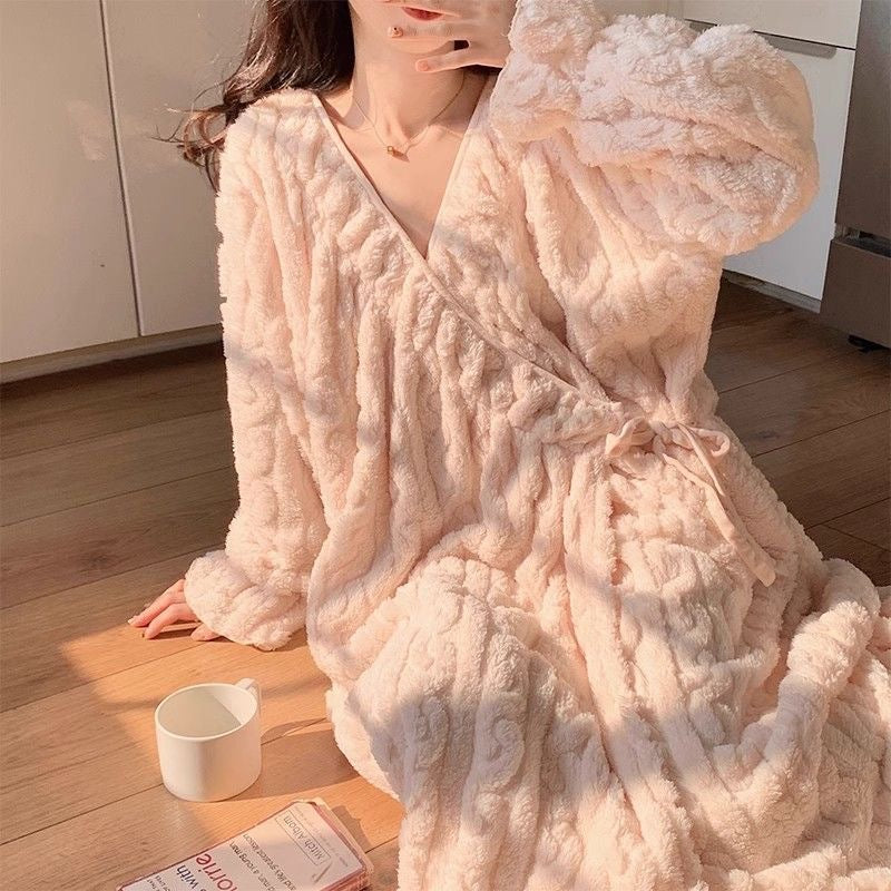 Women's Coral Fleece Robe Winter Warm Thickened Flannel Loungewear