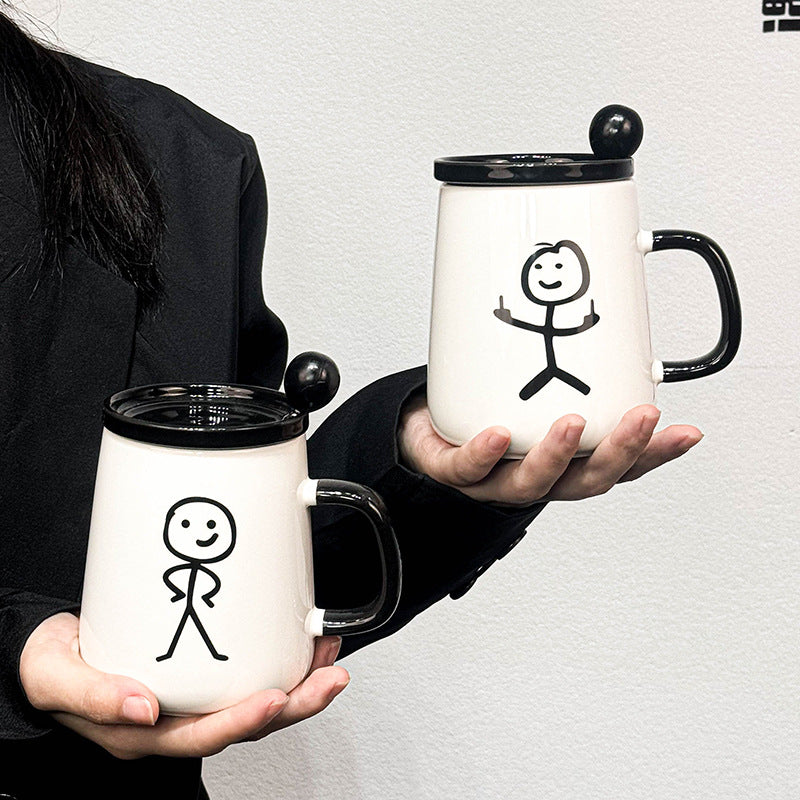 Creative Cartoon Ceramic Mug with Lid Couple Water Cup Home Coffee Cup Cute Graffiti Cup Gift