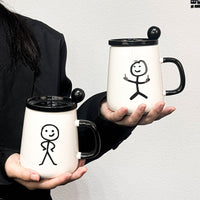 Creative Cartoon Ceramic Mug with Lid Couple Water Cup Home Coffee Cup Cute Graffiti Cup Gift