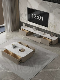 Modern Minimalist Slate Top TV Stand and Coffee Table Set with Solid Wood Base for Small Spaces
