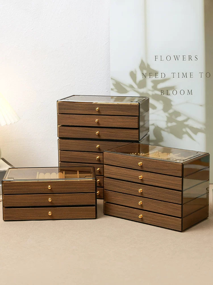 Walnut Grain Jewelry Organizer Box for Earrings Necklaces Rings Hairpins, Desktop Display Storage Case