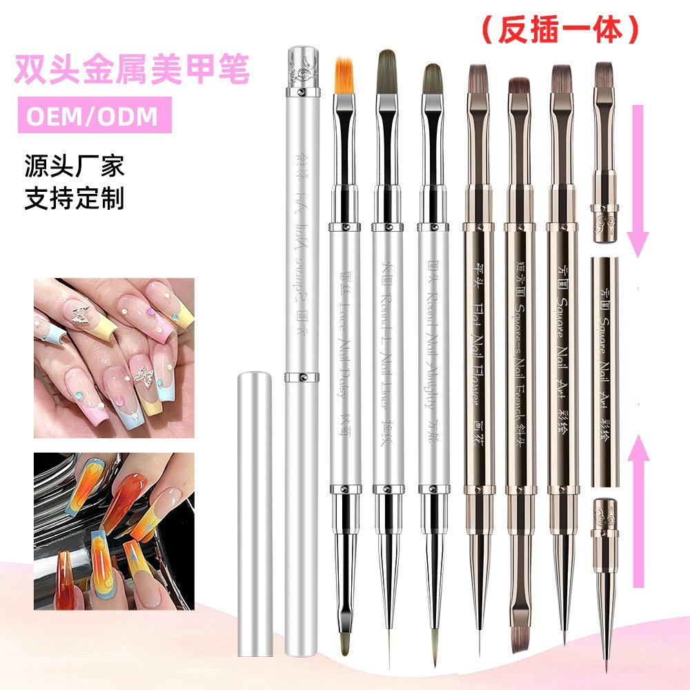 Dual-Ended Metal Nail Art Brush Set with Storage Bag for Builder Gel, Liner, and Painting
