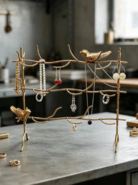 Iron Tree-Shaped Earring Holder Jewelry Display Stand with Bird Decor