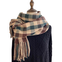 Unisex Plaid Faux Cashmere Scarf with Tassels, Korean/Japanese Style, Warm Winter Shawl
