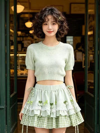 Korean Style Lace Plaid Tiered A-Line Mini Skirt with Lining and Tie Detail