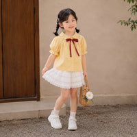 Girls' 100% Cotton Peter Pan Collar Puff Sleeve Bow Blouse