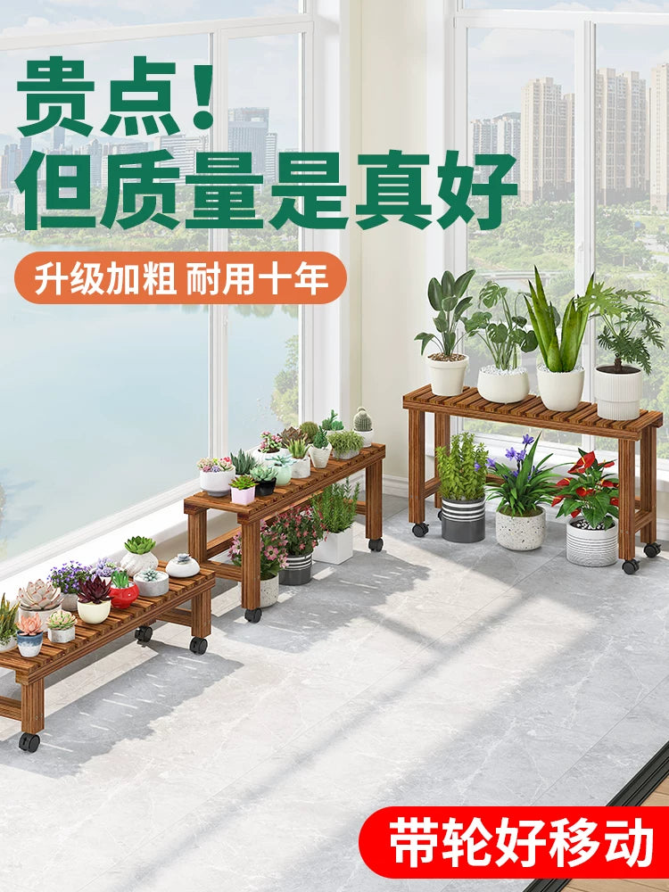 Rolling Wooden Plant Stand with Storage Shelf for Balcony and Living Room