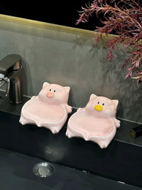 Cute Piggy Ceramic Soap Dish with Drainage for Bathroom and Shower