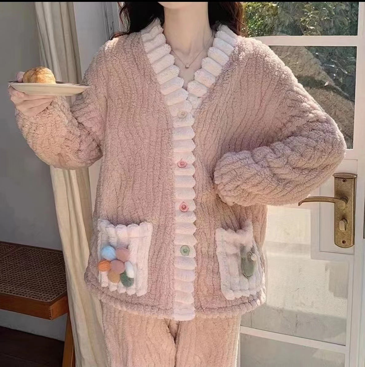 Women's Rainbow Cardigan Two-Piece Coral Fleece Pajama Set Thickened Warm Loungewear