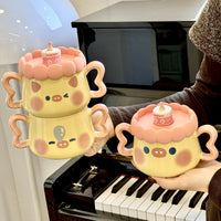 Cute Pig Ceramic Mug with Lid and Spoon, Large Capacity Coffee Water Cup for Girls