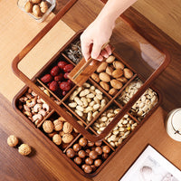 Walnut Wood 9-Compartment Snack and Candy Box with Lid, New Chinese Style Dried Fruit and Nut Organizer