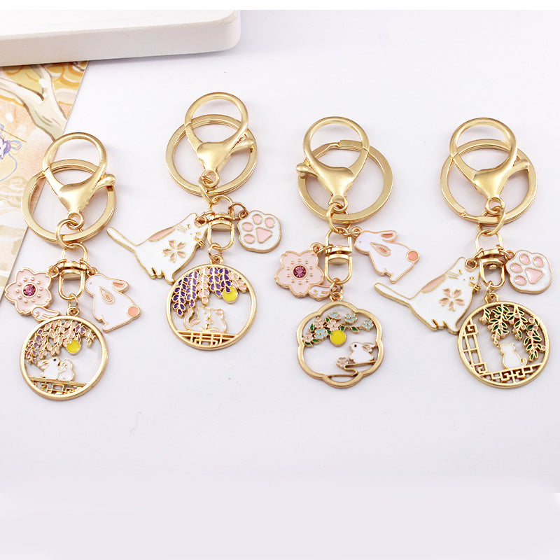 Japanese Style Cherry Blossom Cat and Rabbit Alloy Keychain