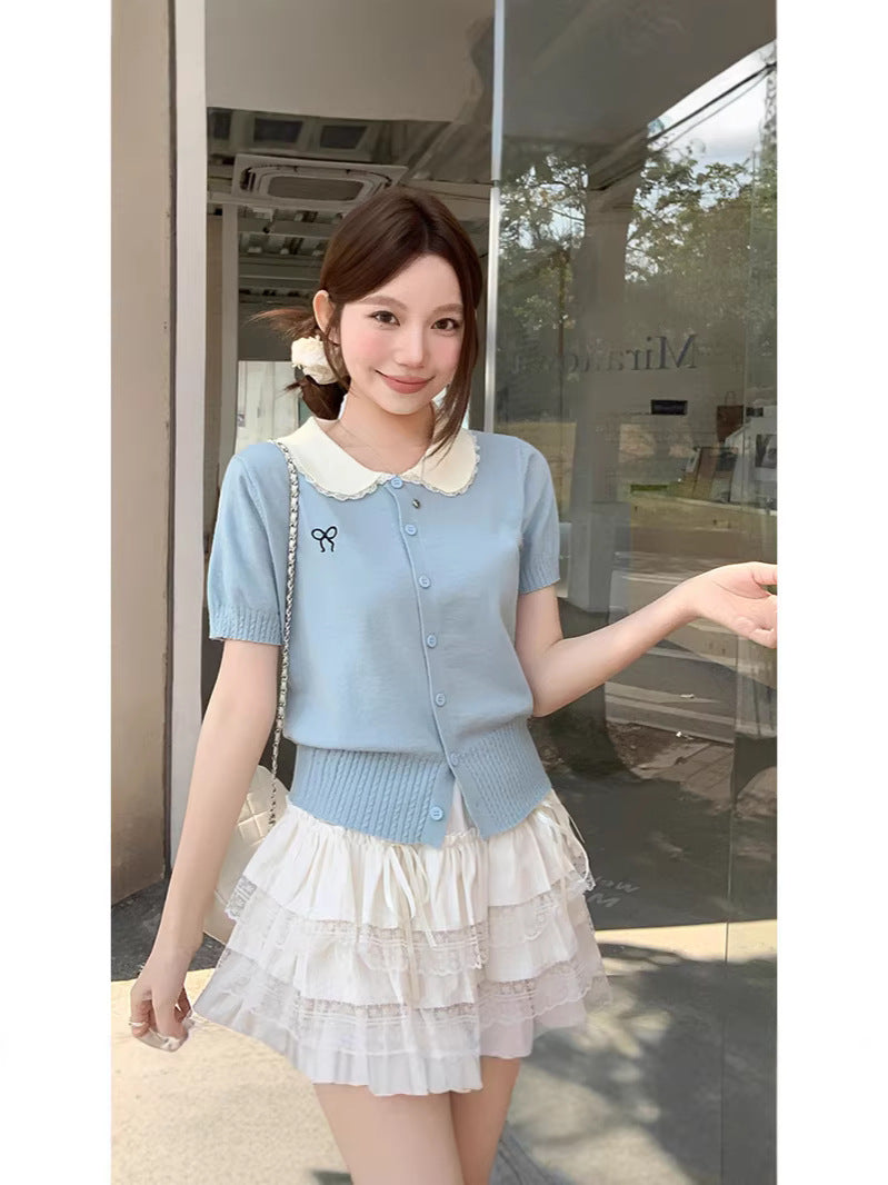 Korean Style Lace Patchwork Peter Pan Collar Short Sleeve Knit Cardigan for Women