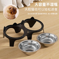 Elevated Ceramic/Stainless Steel Double Cat Bowl for Food and Water, Tilted for Neck Protection, Non-Slip
