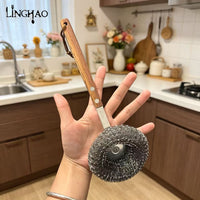 304 Stainless Steel Scrubber with Walnut Handle for Kitchen Cleaning