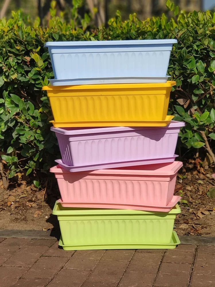 Rectangular Resin Planter Box with Tray for Vegetables and Plants, Thickened Balcony Garden Pot