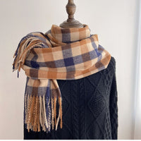 Unisex Plaid Faux Cashmere Scarf with Tassels, Korean/Japanese Style, Warm Winter Shawl