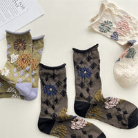 Japanese Sweet Geometric Floral Embossed Mid-Calf Cotton Socks for Autumn/Winter
