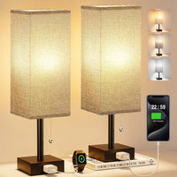Modern Minimalist Bedside Lamp with 2-Port Outlet, 3-Color Dimmable, and Zipper Switch