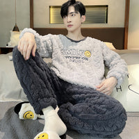 Men's Coral Fleece Pajama Set Thickened Warm Flannel Loungewear for Autumn Winter