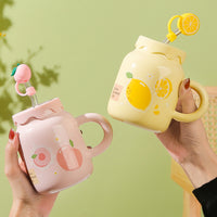 Ceramic Fruit Mug with Lid, Straw, and Handle - 400ml Cute Aesthetic Water Cup