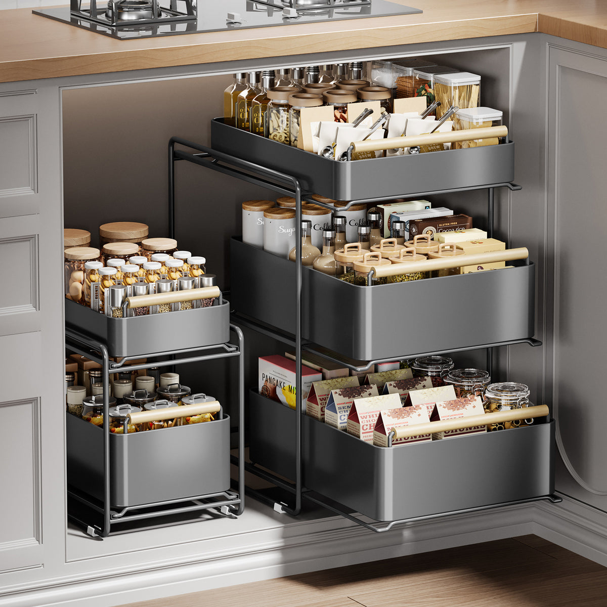 Under Sink Pull-Out Organizer for Kitchen Cabinets, Dish and Spice Storage Rack, Sliding Drawer Shelf