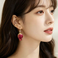 Red Rose Dried Flower Bud Earrings for Women, Romantic French Vintage Style