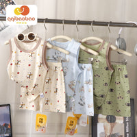 Kids' Cartoon Print Sleeveless Top & Shorts Set for Boys, Breathable Summer Homewear