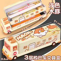 Cartoon Capybara School Bus Pencil Case, Large Capacity Three-Layer Metal Stationery Box for Students