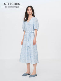 STITCHES Jacquard V-Neck Lantern Sleeve High-Waist Midi Dress for Women