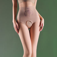 High-Waist Fleece-Lined Thermal Tights with Open Crotch for Women