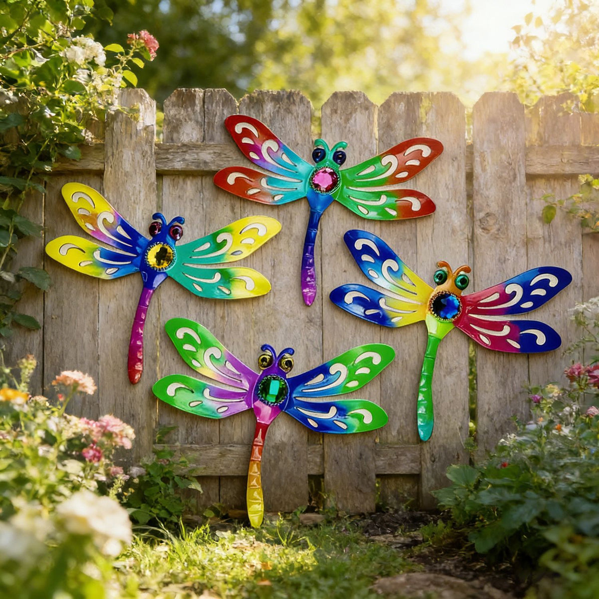 American Style Iron Dragonfly Wall Decor UV Printed Outdoor Garden Fence Hanging Ornament