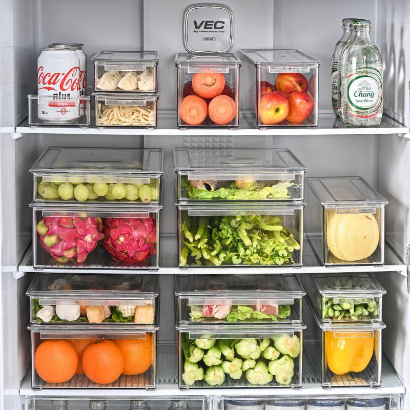 Clear Refrigerator Drawer Organizer with Lid, Stackable Food Storage Container for Kitchen Pantry
