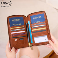 RFID Blocking Passport Holder Travel Wallet with Zipper, Long Portable Document Organizer