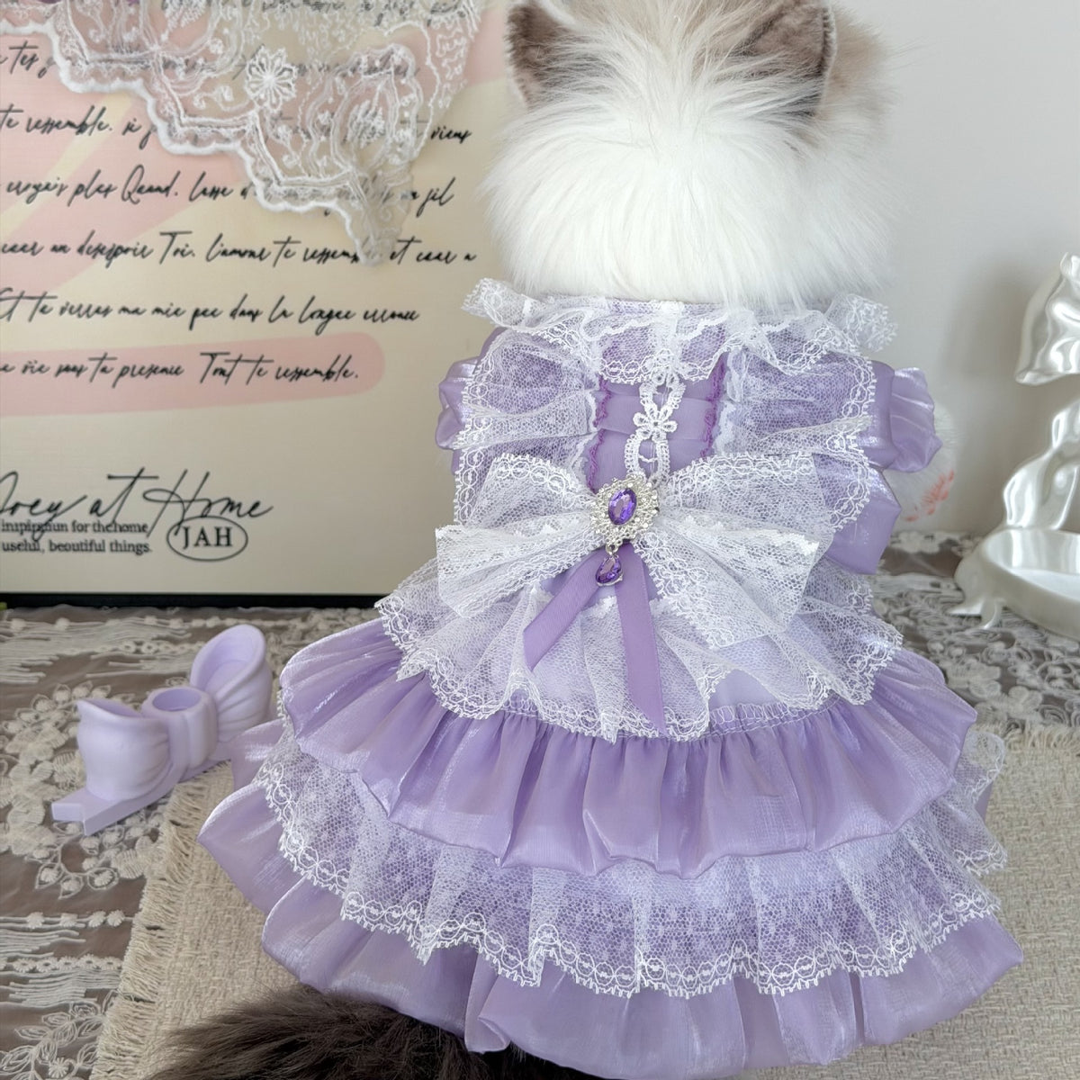 Pet Princess Dress Chihuahua Purple Flowing Mesh Tiered Cake Skirt Lace Wedding Dress