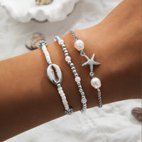 Fashion Ocean Style Alloy Shell Starfish Pendant Pearl Waterproof Waxed Cord Braided Elastic Women's Bracelet 3-Piece Set