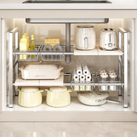 Retractable Under-Sink Organizer Shelf for Kitchen Cabinets, Multi-functional Punch-Free Pot and Pan Storage Rack