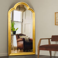 Wooden Arched Full-Length Mirror European Style Dressing Mirror for Living Room Cloakroom Clothing Store Wall-Leaning Floor Mirror