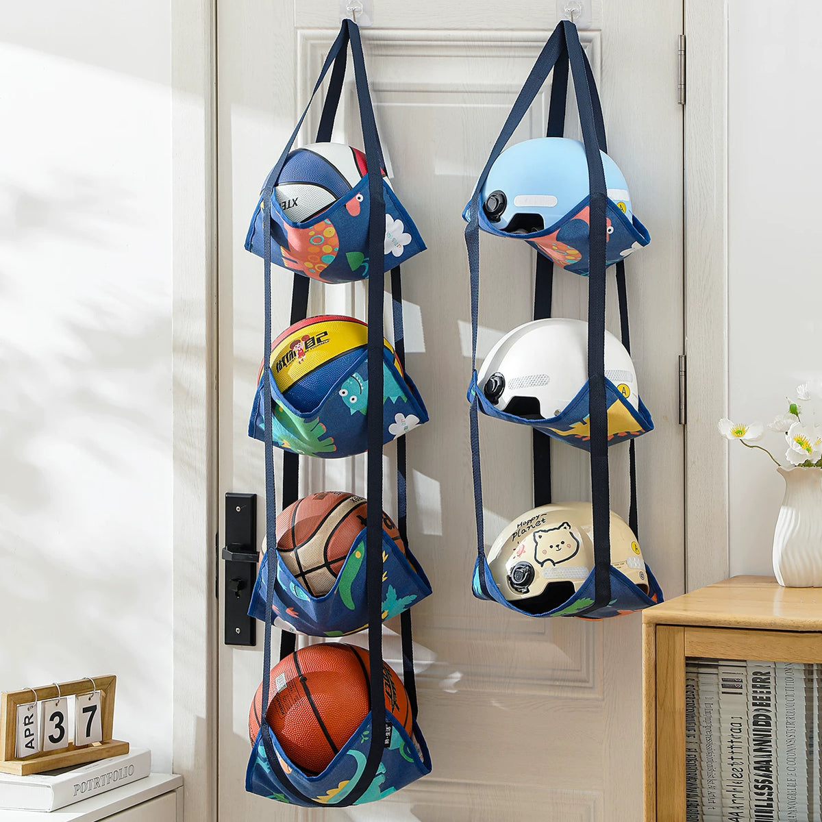 Over-the-Door Ball Storage Organizer with 4 Tiers for Sports Equipment and Toys