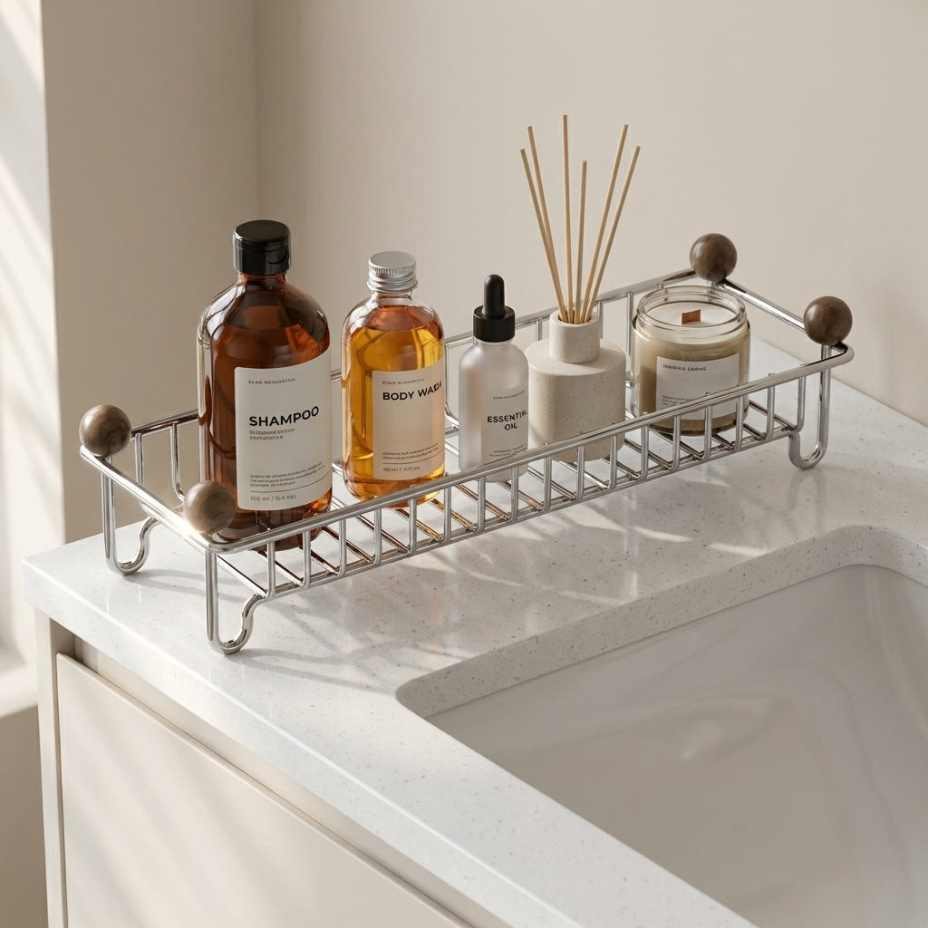 Stainless Steel Bathroom Countertop Storage Basket for Cosmetics and Toiletries